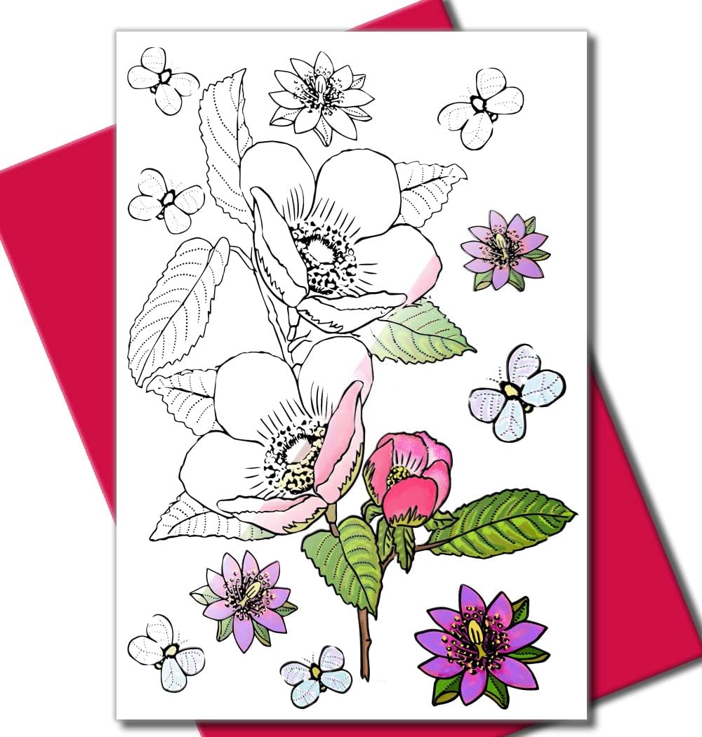 Art Eclect Adult Coloring Flower Greeting Cards for Birthdays, Anniversary, Thank You and Sympathy Cards (10 Cards and 10 Envelopes, Set Flowers B/Pink)