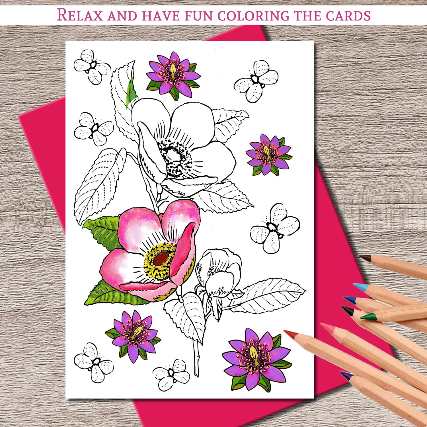 Art Eclect Adult Coloring Flower Greeting Cards for Birthdays, Anniversary, Thank You and Sympathy Cards (10 Cards and 10 Envelopes, Set Flowers B/Pink)