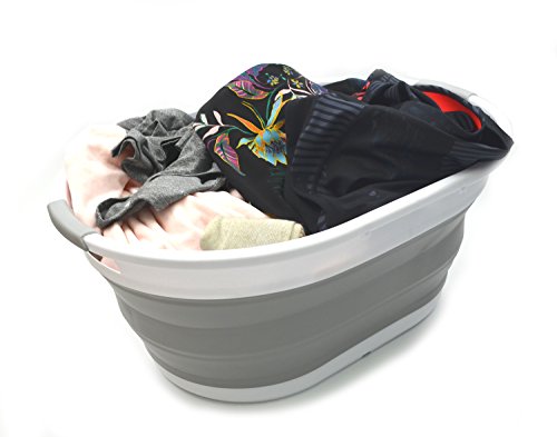 SAMMART 39L Collapsible Plastic Laundry Basket-Oval Tub/Basket-Foldable Storage Container-Portable Washing Tub-Space Saving Laundry Hamper, Water capacity:30L (Grey), Size : 24 x 17.7 x 10.75 inches