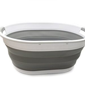 SAMMART 39L Collapsible Plastic Laundry Basket-Oval Tub/Basket-Foldable Storage Container-Portable Washing Tub-Space Saving Laundry Hamper, Water capacity:30L (Grey), Size : 24 x 17.7 x 10.75 inches