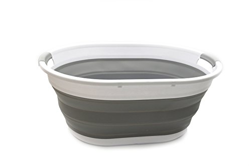 SAMMART 39L Collapsible Plastic Laundry Basket-Oval Tub/Basket-Foldable Storage Container-Portable Washing Tub-Space Saving Laundry Hamper, Water capacity:30L (Grey), Size : 24 x 17.7 x 10.75 inches