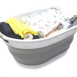 SAMMART 39L Collapsible Plastic Laundry Basket-Oval Tub/Basket-Foldable Storage Container-Portable Washing Tub-Space Saving Laundry Hamper, Water capacity:30L (Grey), Size : 24 x 17.7 x 10.75 inches