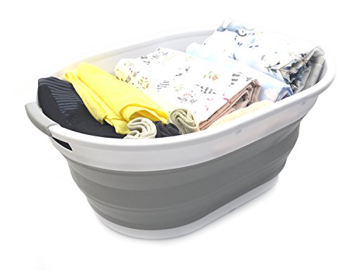 SAMMART 39L Collapsible Plastic Laundry Basket-Oval Tub/Basket-Foldable Storage Container-Portable Washing Tub-Space Saving Laundry Hamper, Water capacity:30L (Grey), Size : 24 x 17.7 x 10.75 inches