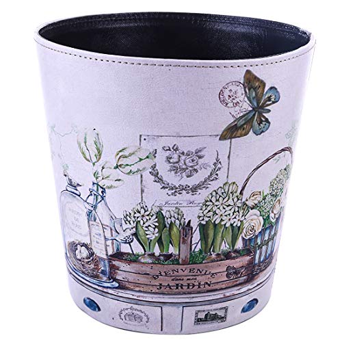 Scakbyer Wastebasket, British Style PU Leather Round Decorative Trash Bin Garbage Can Wastebasket Without Lid for Living Room Home Office - Plants and Butterfly