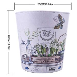 Scakbyer Wastebasket, British Style PU Leather Round Decorative Trash Bin Garbage Can Wastebasket Without Lid for Living Room Home Office - Plants and Butterfly