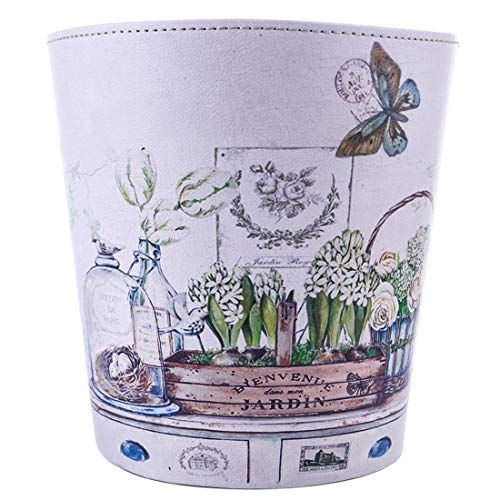 Scakbyer Wastebasket, British Style PU Leather Round Decorative Trash Bin Garbage Can Wastebasket Without Lid for Living Room Home Office - Plants and Butterfly