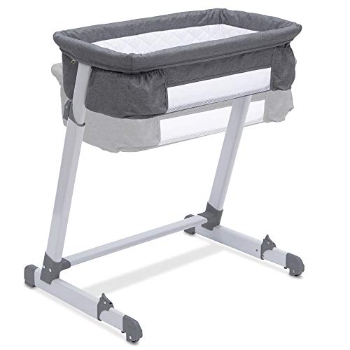 Simmons Kids By The Bed City Sleeper Bassinet - Adjustable Height Portable Crib with Wheels & Airflow Mesh, Grey Tweed