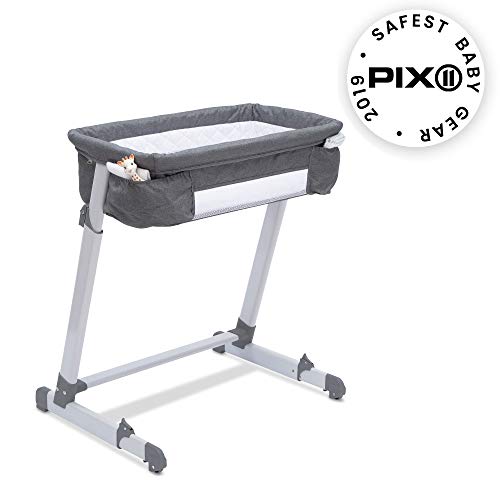 Simmons Kids By The Bed City Sleeper Bassinet - Adjustable Height Portable Crib with Wheels & Airflow Mesh, Grey Tweed