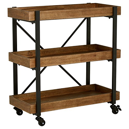 Amazon Brand – Rivet Modern Rustic Rolling Bar Cart with Wheels, 32 Inch Height, Wood with Black Iron Finish