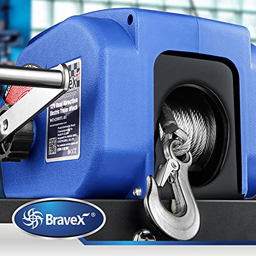 Bravex Trailer Winch 6000LBS, Reversible Portable 12-Volt DC Electric Winch Boat Trailer Truck Power-in, Power-out (Corded Remote Control & Hand Crank)