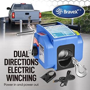 Bravex Trailer Winch 6000LBS, Reversible Portable 12-Volt DC Electric Winch Boat Trailer Truck Power-in, Power-out (Corded Remote Control & Hand Crank)