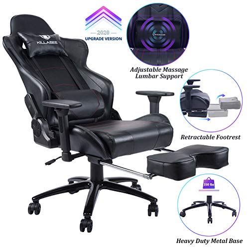 KILLABEE Big and Tall 350lb Massage Gaming Chair Metal Base - Adjustable Massage Lumbar Cushion, Retractable Footrest High Back Ergonomic Leather Racing Computer Desk Executive Office Chair