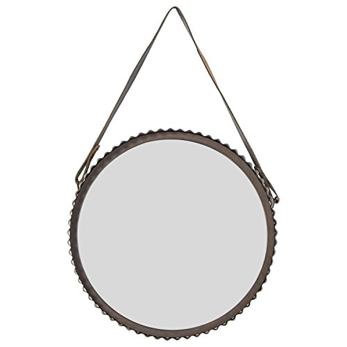 Amazon Brand – Stone & Beam Rustic Farmhouse Round Wood Iron Mirror with Faux Leather Strap - 22 Inch, Black Metal