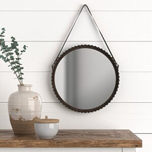 Amazon Brand – Stone & Beam Rustic Farmhouse Round Wood Iron Mirror with Faux Leather Strap - 22 Inch, Black Metal