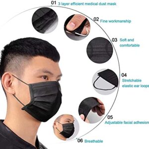 TecUnite 100 Pack Disposable Face Masks Breathable Dust Filter Masks Mouth Cover Masks with Elastic Ear Loop (Black)