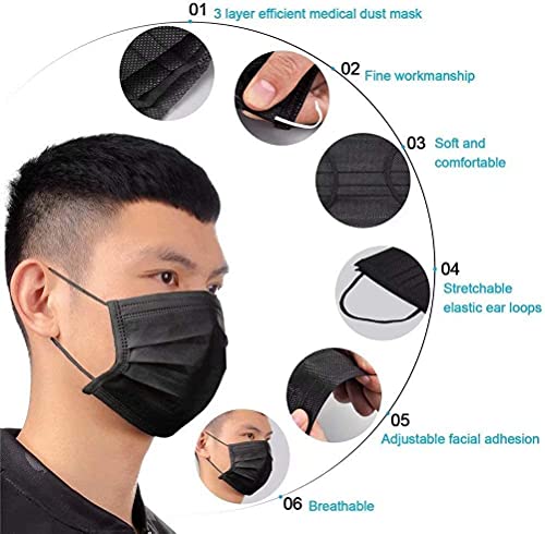 TecUnite 100 Pack Disposable Face Masks Breathable Dust Filter Masks Mouth Cover Masks with Elastic Ear Loop (Black)