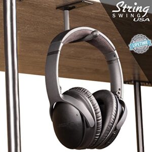 String Swing Headphone Hanger Hook Headset Holder Accessory Hook for Under Desk Or Table (Screw Or Adhesive Strip Mount, Single Unit)