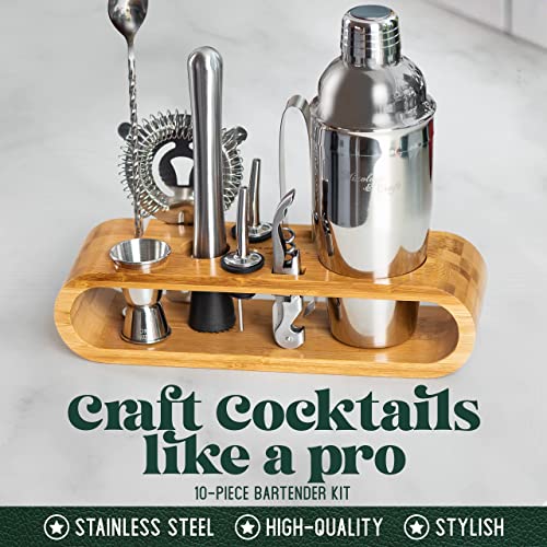 Mixology Bartender Kit: 10-Piece Bar Tool Set with Bamboo Stand | Perfect Home Bartending Kit and Martini Cocktail Shaker Set For a Perfect Drink Mixing Experience | Fun Housewarming Gift (Silver)