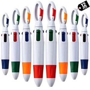 retractable shuttle pens with carabiner clip - pack of 12 bulk mini 4-in-1 multi-colored ink ballpoint pens with keychain for adults, kids, nurses, school, stocking stuffer gifts, party favors