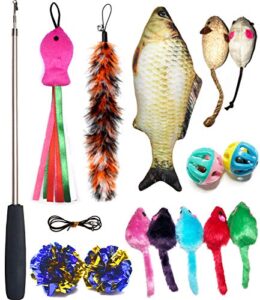 cat toys set, cat retractable teaser wand, catnip fish, interactive cat feather toy, mylar crincle balls, two cotton mice, four fluffy mouse