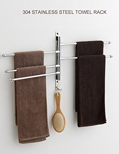 MOCOFO Double Towel Rack Swivel Towel Bar SUS304 Bath Towel Holder RV Swing Out Stainless Steel Bathroom Hand 2 Bars Space Saving Organizer Folding Arm Hanger Holder Wall Mount Polished Finish