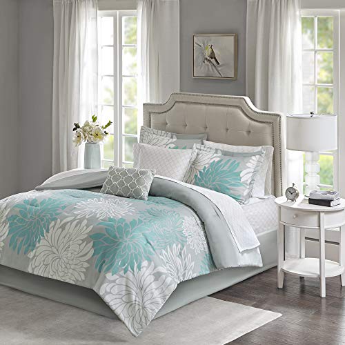 Madison Park Essentials Maible Cozy Bed in A Bag Comforter with Complete Cotton Sheet Set-Floral Medallion Damask Design All Season Cover, Decorative Pillow, Queen (90 in x 90 in), Floral Aqua 9 Piece