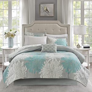 Madison Park Essentials Maible Cozy Bed in A Bag Comforter with Complete Cotton Sheet Set-Floral Medallion Damask Design All Season Cover, Decorative Pillow, Queen (90 in x 90 in), Floral Aqua 9 Piece