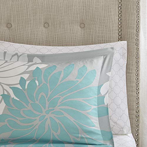 Madison Park Essentials Maible Cozy Bed in A Bag Comforter with Complete Cotton Sheet Set-Floral Medallion Damask Design All Season Cover, Decorative Pillow, Queen (90 in x 90 in), Floral Aqua 9 Piece