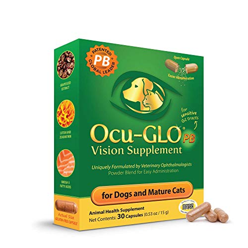 Ocu-GLO PB Vision Supplement for Small Dogs & Cats – Easy to Administer Powder Blend with Lutein, Omega-3 Fatty Acids, Grape Seed Extract and Antioxidants to Promote Eye Health, 30ct Sprinkle Capsules