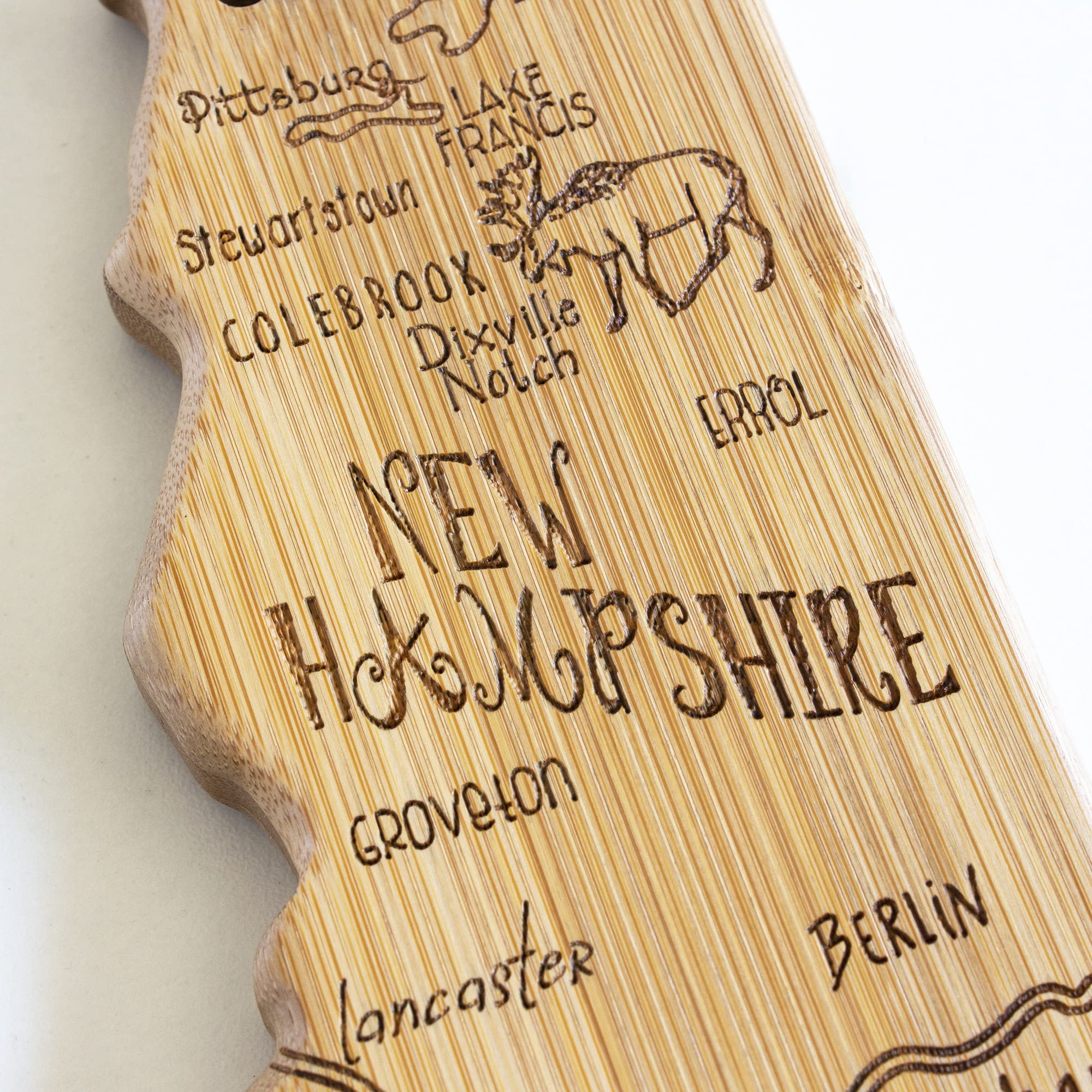 Totally Bamboo Destination New Hampshire State Shaped Serving and Cutting Board, Includes Hang Tie for Wall Display