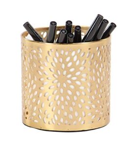 deco 79 metal cylinder pencil cup with laser carved floral design, 4" x 4" x 4", gold