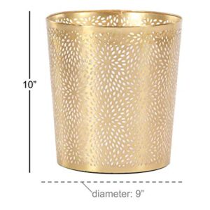 CosmoLiving by Cosmopolitan Metal Cylinder Small Waste Bin with Laser Carved Floral Design, 9" x 9" x 10", Gold