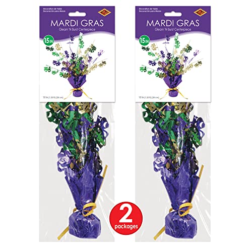 Beistle Mardi Gras Green Gold and Purple Metallic 3-D Gleam 'N Burst Centerpieces, 2 Piece, 15"