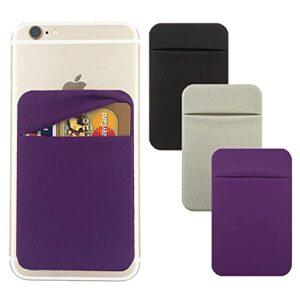 3pack cell phone card holder double pocket for back of phone for id/credit cards,stick on card wallet sticker stretchy lycra fabric for iphone,android and smartphones-purple&silver&black…