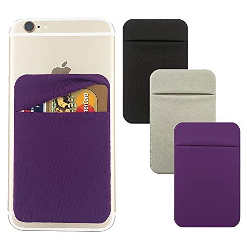 3Pack Cell Phone Card Holder Double Pocket for Back of Phone for ID/Credit Cards,Stick On Card Wallet Sticker Stretchy Lycra Fabric for iPhone,Android and Smartphones-Purple&Silver&Black…