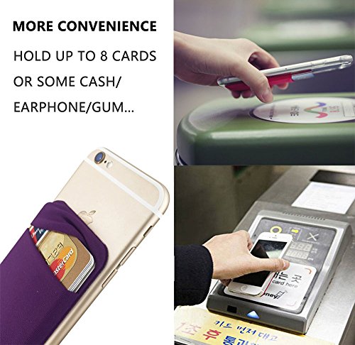 3Pack Cell Phone Card Holder Double Pocket for Back of Phone for ID/Credit Cards,Stick On Card Wallet Sticker Stretchy Lycra Fabric for iPhone,Android and Smartphones-Purple&Silver&Black…