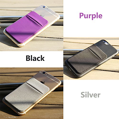 3Pack Cell Phone Card Holder Double Pocket for Back of Phone for ID/Credit Cards,Stick On Card Wallet Sticker Stretchy Lycra Fabric for iPhone,Android and Smartphones-Purple&Silver&Black…