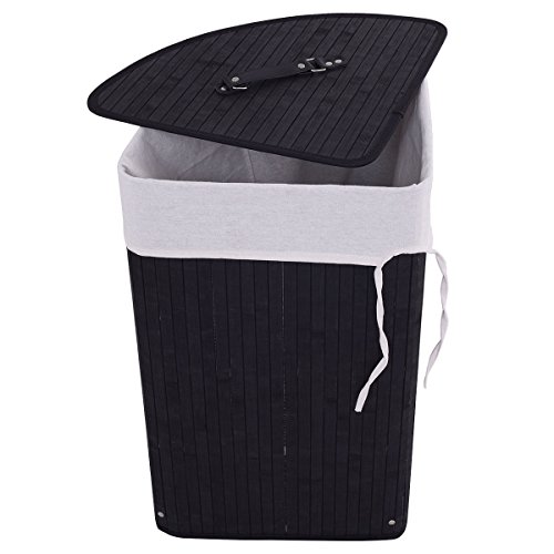 Casart Bamboo Hamper Laundry Basket Folding Double Rectangle Washing Cloth Storage Bag Lid (black, triangle)