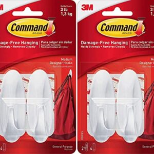 Command Plastic Designer Hooks BP1PTF, Medium, White, 4-Hooks