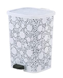 compact plastic step-on trash can, indoor and outdoor waste bin with foot pedal, white decorative garbage bin with lace design, 12 qt small trash can for kitchen, bathroom, bedroom, patio, yard