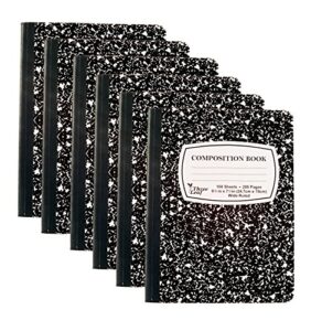 pack of 6 - composition notebooks, 9-3/4" x 7-1/2", wide ruled, 100 sheet (200 pages), color: black marble, weekly class schedule and multiplication/conversion tables on covers. (6-pack, black)