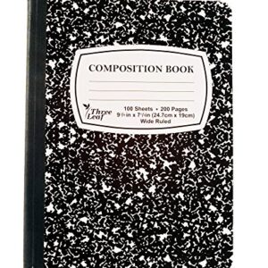 Pack of 6 - Composition Notebooks, 9-3/4" x 7-1/2", Wide Ruled, 100 Sheet (200 Pages), Color: Black Marble, Weekly Class Schedule and Multiplication/Conversion Tables on Covers. (6-Pack, Black)