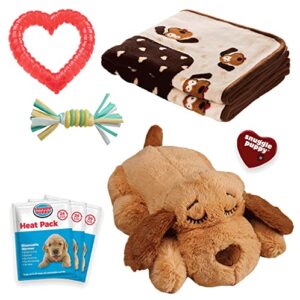 original snuggle puppy starter kit with snuggle puppy included. starter kit for anxiety relief and calming aid. biscuit coloured puppy included and neutral toy.