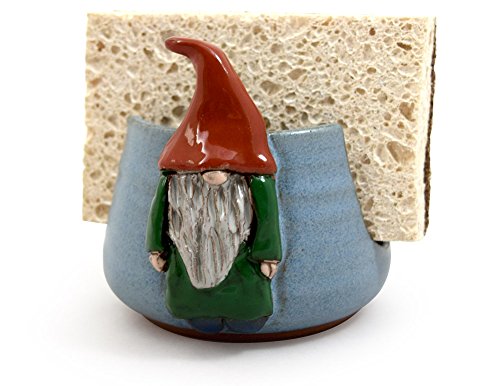 American Handmade Pottery Kitchen Sponge Holder, Garden Gnome Motif