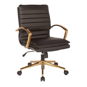 osp home furnishings fl series mid-back faux leather adjustable office desk chair with thick contoured seat and gold finish, black