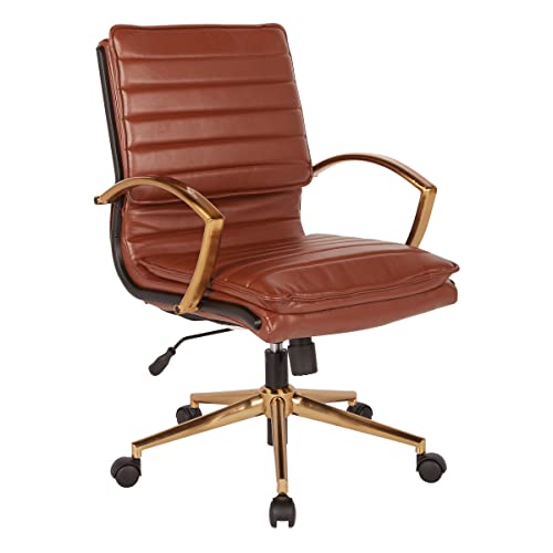 OSP Home Furnishings FL Series Mid-Back Faux Leather Adjustable Office Desk Chair with Thick Contoured Seat and Gold Finish, Black