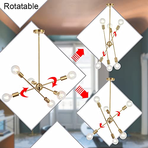 BONLICHT Modern Sputnik Chandelier Lighting 6 Lights Brushed Brass Chandelier Mid Century Pendant Lighting Gold Ceiling Light Fixture for Hallway Bar Kitchen Dining Room