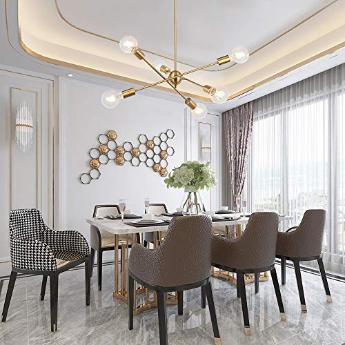 BONLICHT Modern Sputnik Chandelier Lighting 6 Lights Brushed Brass Chandelier Mid Century Pendant Lighting Gold Ceiling Light Fixture for Hallway Bar Kitchen Dining Room