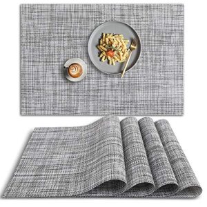 homedge pvc placemat, 4 pcs of non-slip place mats, washable vinyl placemats, set of 4 – gray