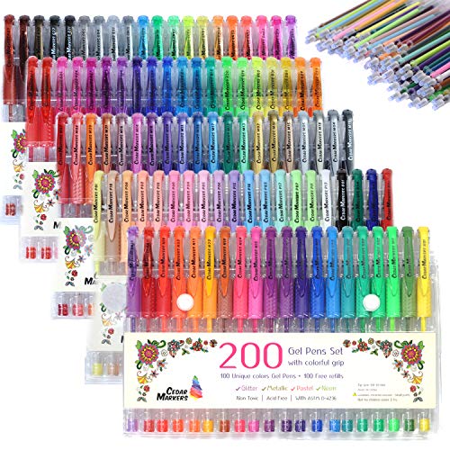 Cedar Markers Gel Pens. 200 Set 100 Pens Plus 100 Refills. Color Pens with Grip. Neon, Glitter, Metallic, Pastel Colors No Duplicates. Drawing Pens for Bullet Journal.